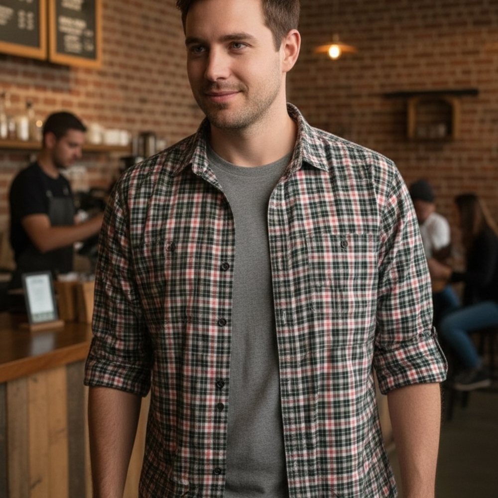 Men's Casual Plaid Button-Down Shirt - Black, White, Red